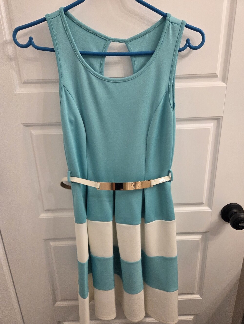 January 7 Aqua Fit-and-Flare Dress with White Stripes